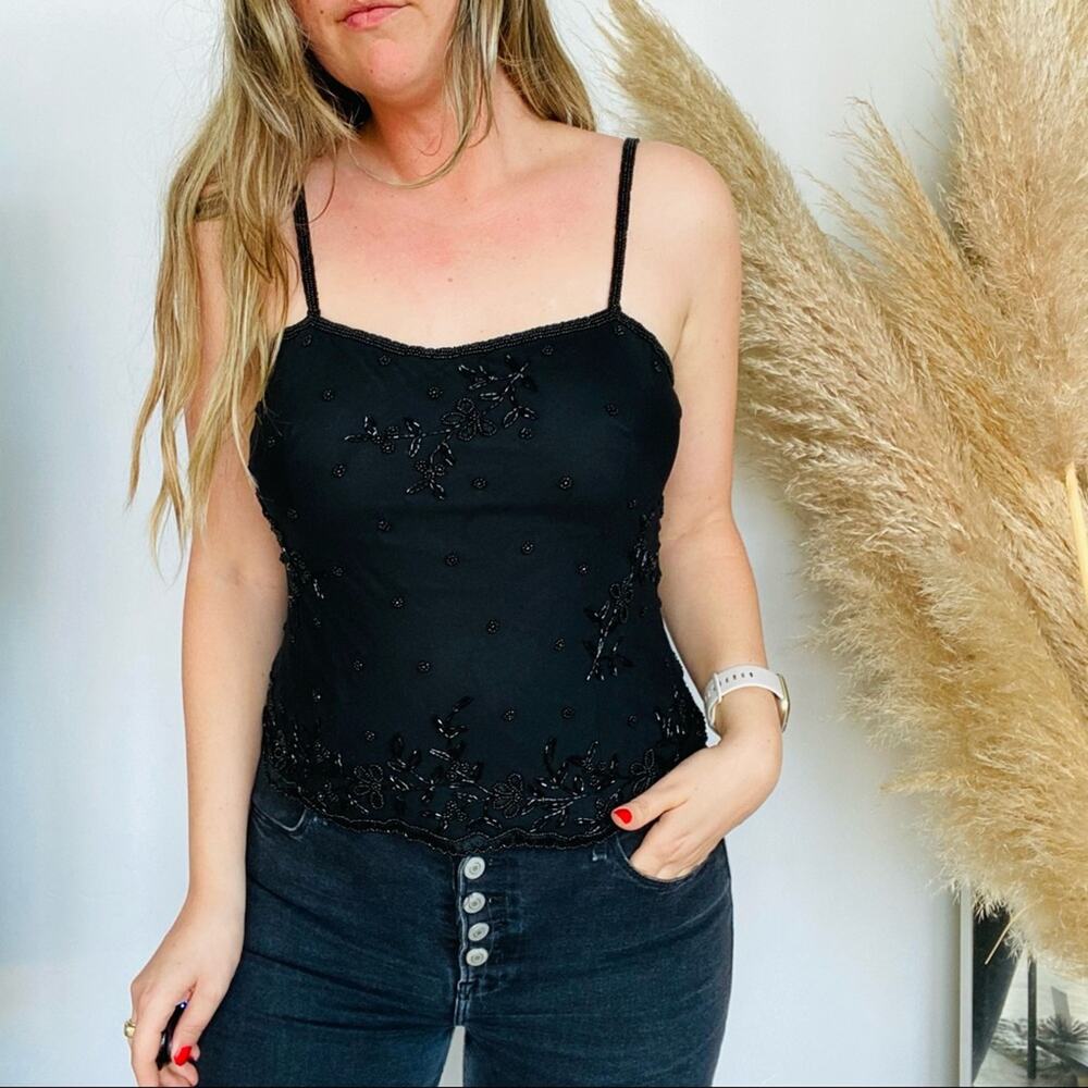 VINTAGE SCALA Black Embellished Floral Sequin Bead Beaded Tank Top Silk Cami S
